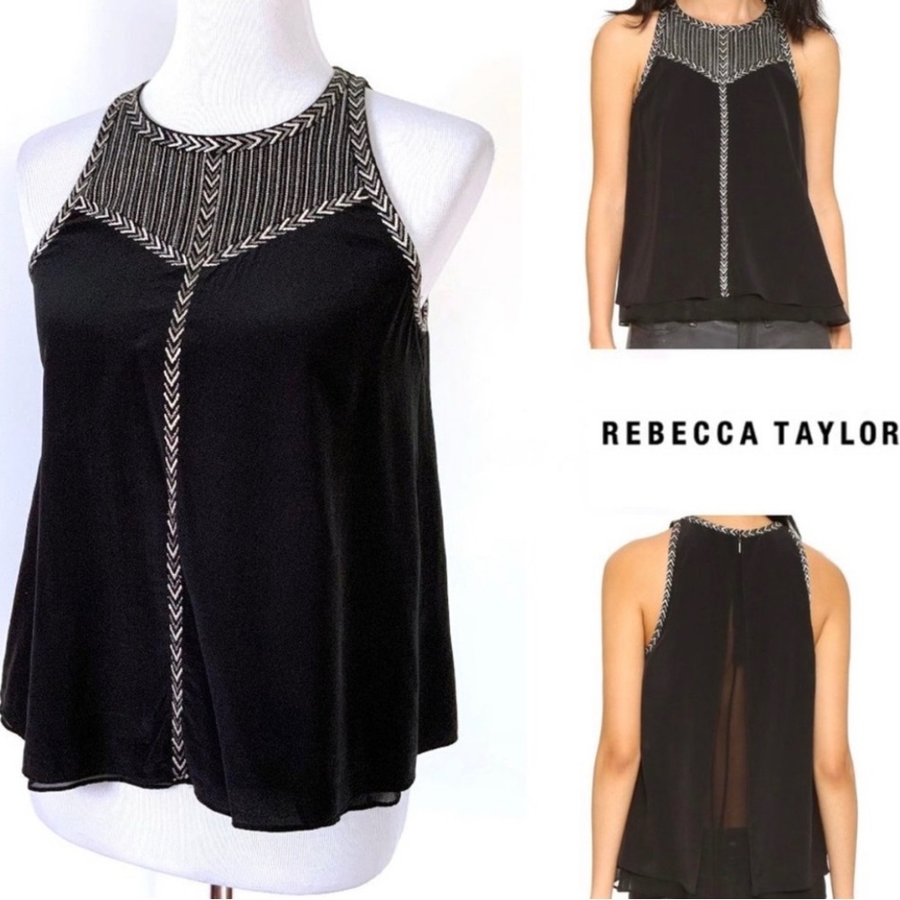 Rebecca Taylor | Black sleeveless top with sheer panel back & embroidered chest